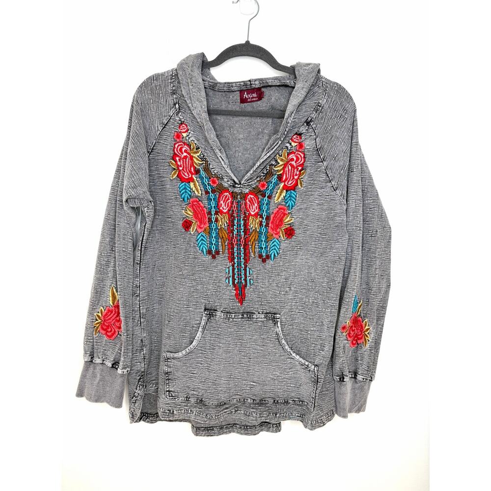 Avani del Amour Embroidered Floral Pullover Hooded Tunic Top Sz L Boho Whimsy